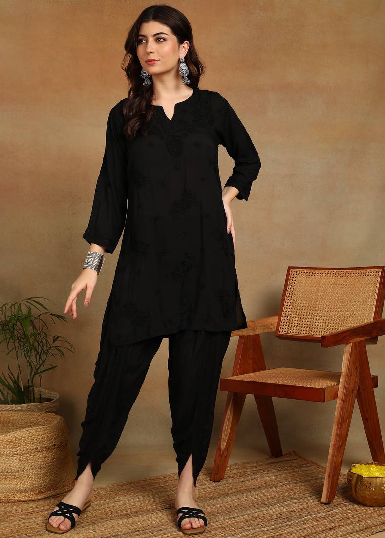 Vahson women's hand embroidered black authentic chikankari ethnic motif modal kurta with dhoti pants