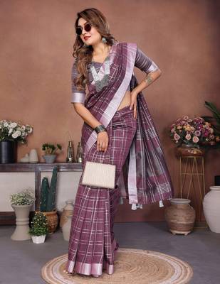 Purple weaving linen cotton saree with blouse 1