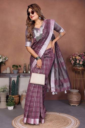 Purple weaving linen cotton saree with blouse