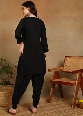 s hand embroidered black authentic chikankari ethnic motif modal kurta with dhoti pants 2