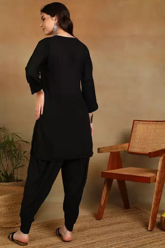 s hand embroidered black authentic chikankari ethnic motif modal kurta with dhoti pants