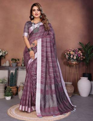 Purple weaving linen cotton saree with blouse 2