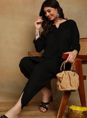 s hand embroidered black authentic chikankari ethnic motif modal kurta with dhoti pants 3