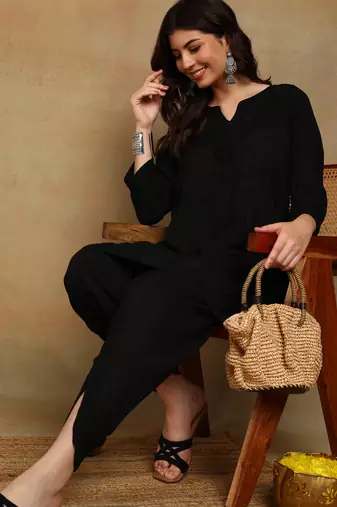 s hand embroidered black authentic chikankari ethnic motif modal kurta with dhoti pants