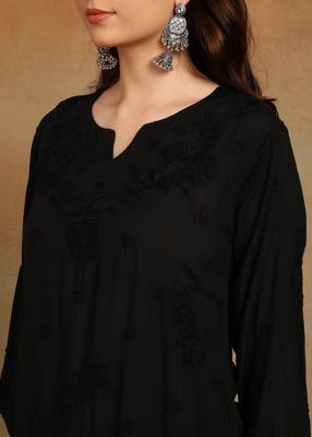 s hand embroidered black authentic chikankari ethnic motif modal kurta with dhoti pants 4