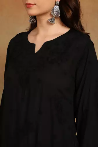 s hand embroidered black authentic chikankari ethnic motif modal kurta with dhoti pants