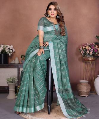 Teal green weaving linen cotton saree with blouse 1