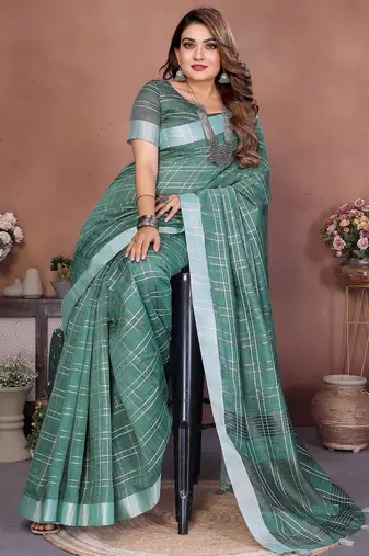 Teal green weaving linen cotton saree with blouse