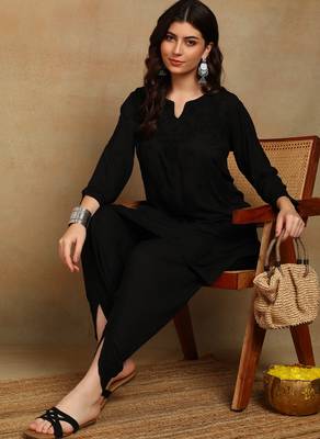 s hand embroidered black authentic chikankari ethnic motif modal kurta with dhoti pants 5