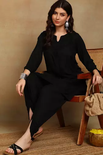 s hand embroidered black authentic chikankari ethnic motif modal kurta with dhoti pants