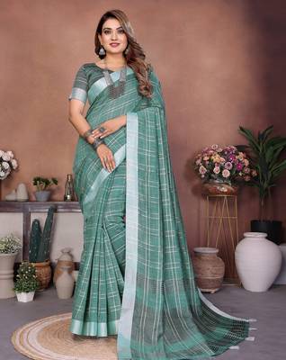 Teal green weaving linen cotton saree with blouse 2