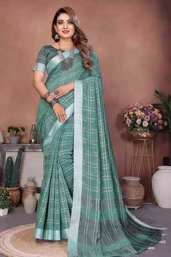Teal green weaving linen cotton saree with blouse
