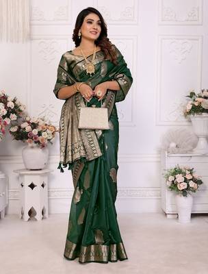 Dark green weaving soft organza saree with blouse 1