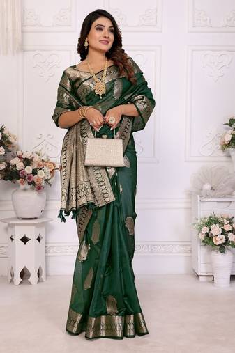 Dark green weaving soft organza saree with blouse