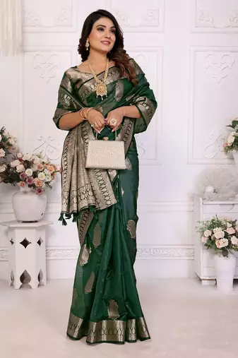 Dark green weaving soft organza saree with blouse