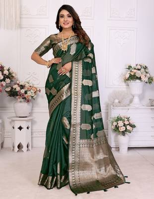 Dark green weaving soft organza saree with blouse 2