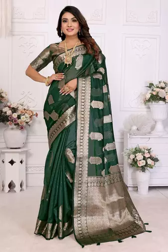 Dark green weaving soft organza saree with blouse