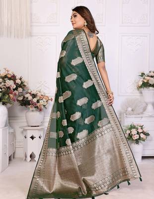 Dark green weaving soft organza saree with blouse 3