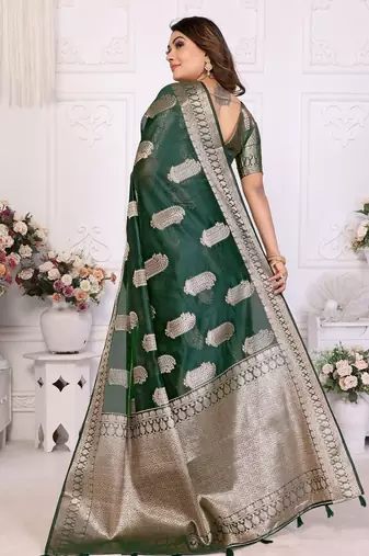 Dark green weaving soft organza saree with blouse