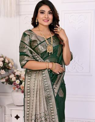 Dark green weaving soft organza saree with blouse 4