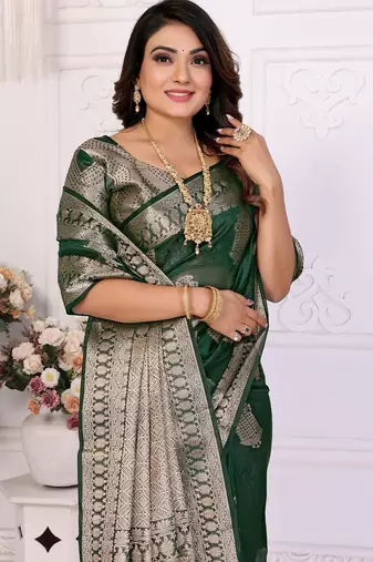Dark green weaving soft organza saree with blouse