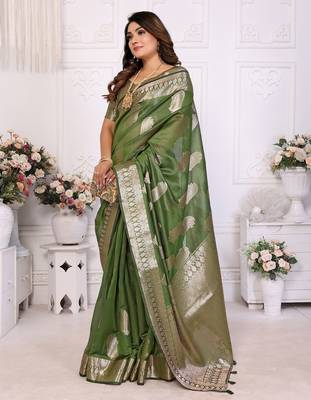 Green weaving soft organza saree with blouse 1