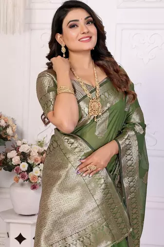 Green weaving soft organza saree with blouse