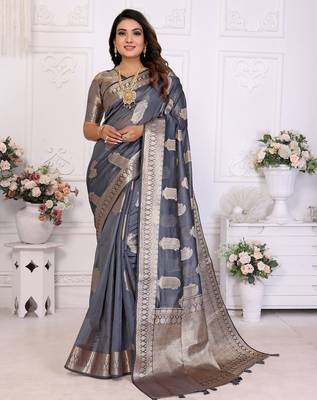 Grey weaving soft organza saree with blouse 1