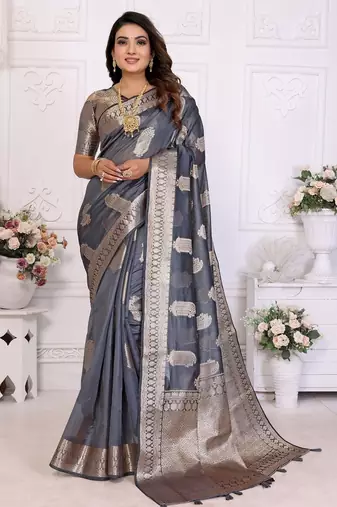 Grey weaving soft organza saree with blouse