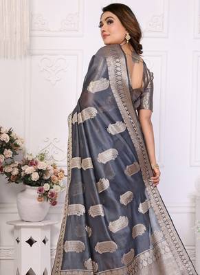 Grey weaving soft organza saree with blouse 2