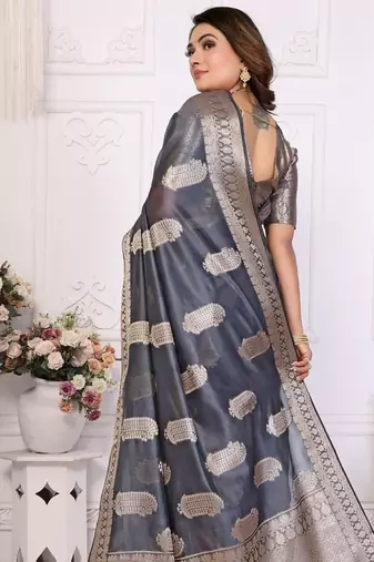 Grey weaving soft organza saree with blouse