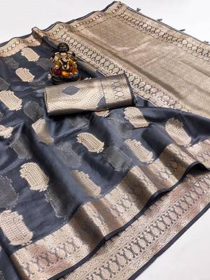 Grey weaving soft organza saree with blouse 4