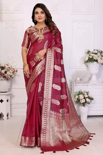 Maroon weaving soft organza saree with blouse