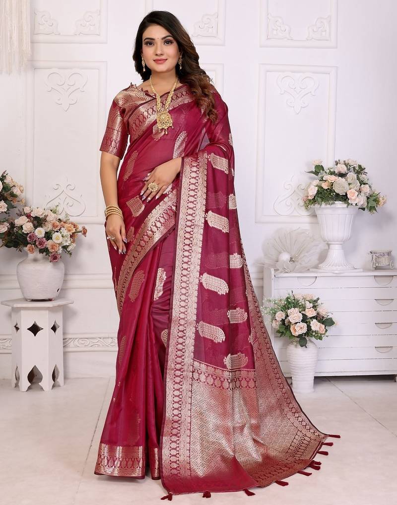 Maroon weaving soft organza saree with blouse