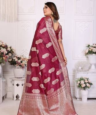 Maroon weaving soft organza saree with blouse 2