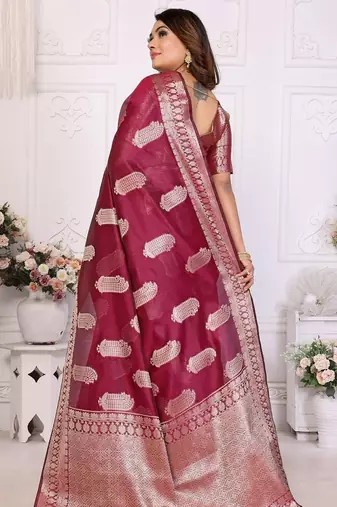 Maroon weaving soft organza saree with blouse