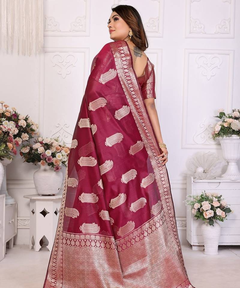 Maroon weaving soft organza saree with blouse