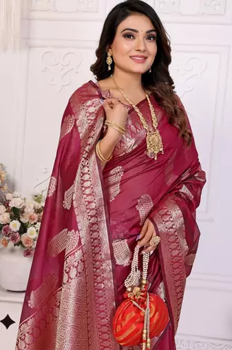Maroon weaving soft organza saree with blouse