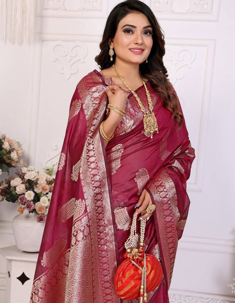 Maroon weaving soft organza saree with blouse