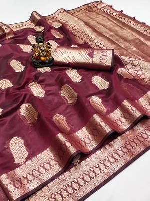 Maroon weaving soft organza saree with blouse 4