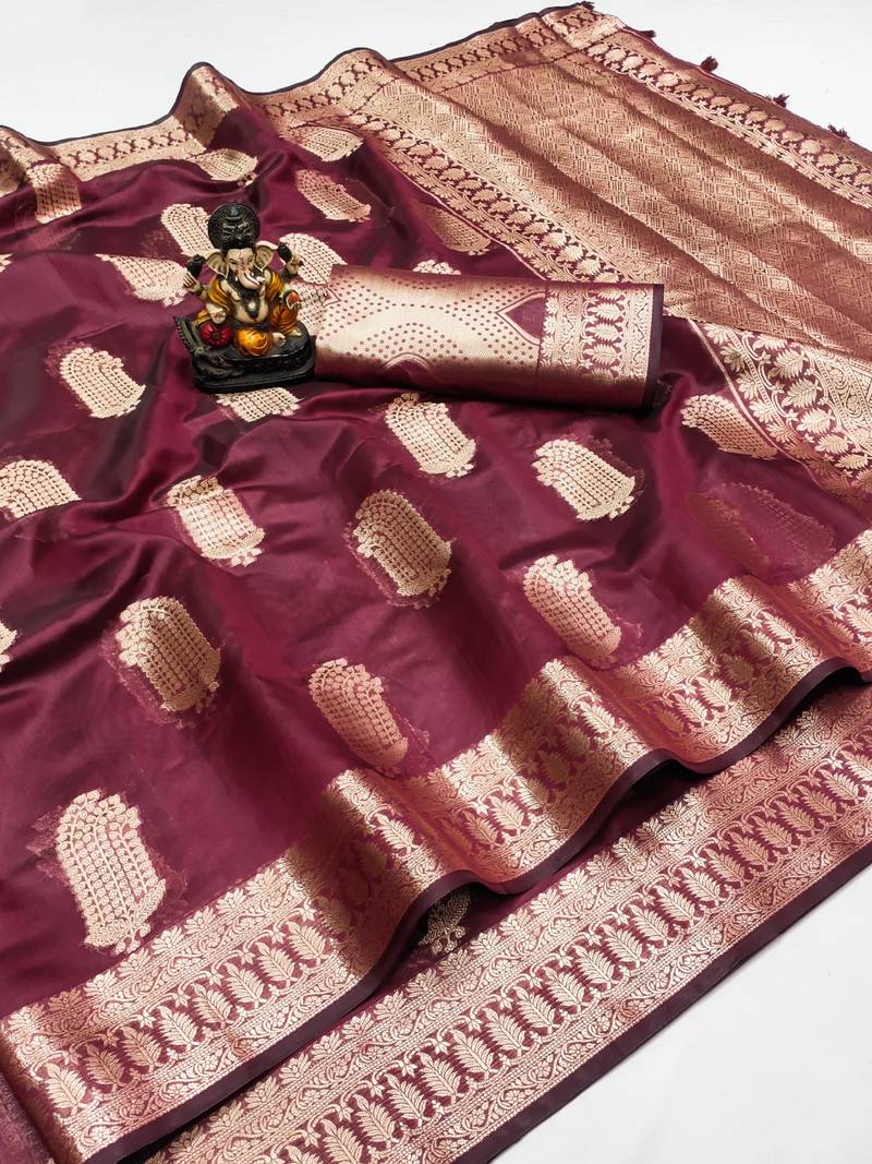 Maroon weaving soft organza saree with blouse