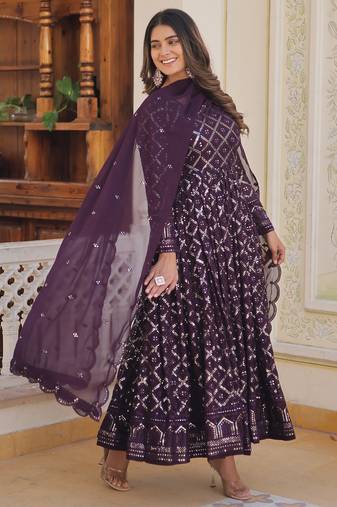 Faux Blooming Sequins Embroidered Stitched Gown with Dupatta     Wine | 56" Length