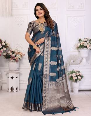Navy blue weaving soft organza saree with blouse 1