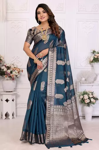 Navy blue weaving soft organza saree with blouse