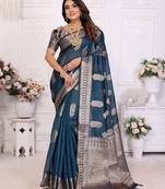 Navy blue weaving soft organza saree with blouse
