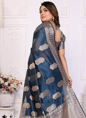 Navy blue weaving soft organza saree with blouse 2