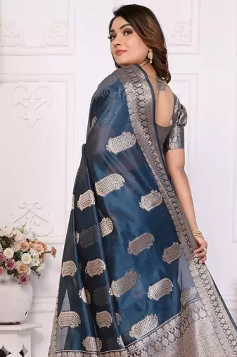 Navy blue weaving soft organza saree with blouse