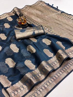 Navy blue weaving soft organza saree with blouse 4