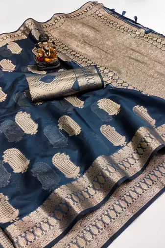 Navy blue weaving soft organza saree with blouse