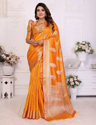 Orange weaving soft organza saree with blouse 1